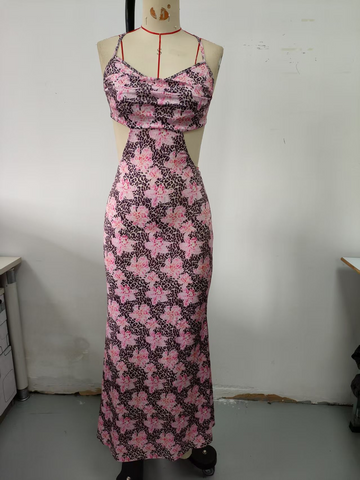 Leopard print flower, camisole dress, thin shoulder straps, long style, skirt up to ankle